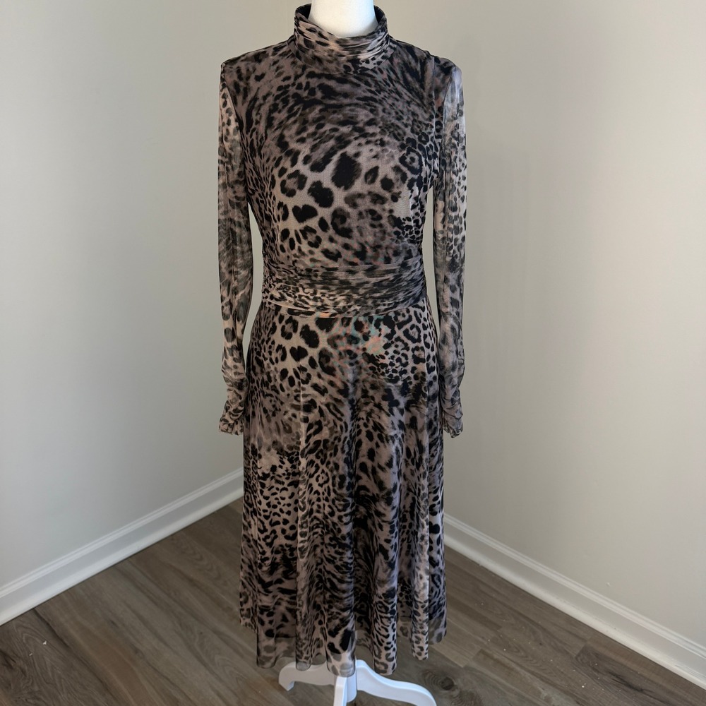 Eliza J Animal Print Mesh Midi Dress Womens Size 8 Mock Neck Ruched Leopard - Picture 3 of 13